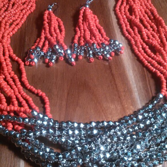 Red Seed Bead and Stainless Steel Multi-Strand Necklace and Dangle Earrings Set - Picture 3 of 11